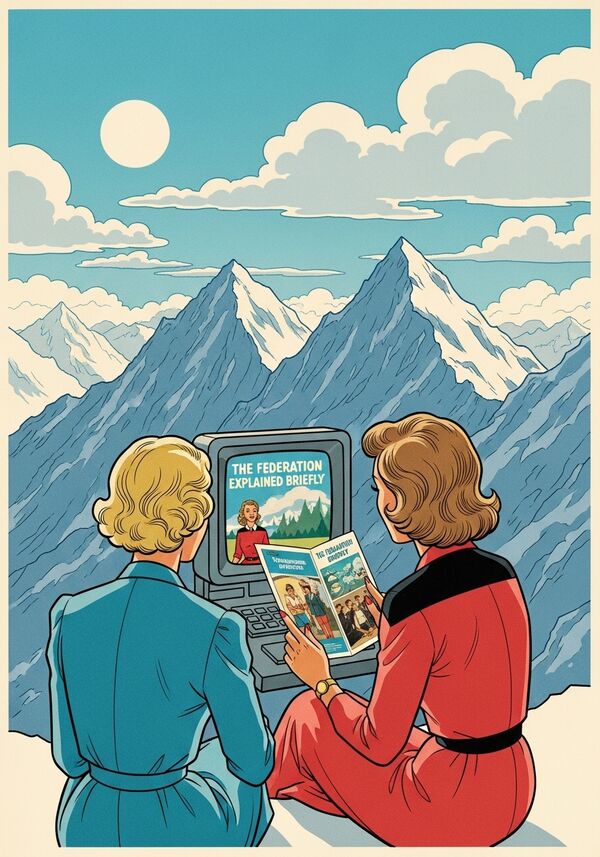 zeige eine Berglandschaft mit mehreren Bergen. Es ist sonnig, hat mehrere Wolken. Auf einem Berg sitzen zwei Frauen und schauen zusammen in einen Computer-Bildschirm. Eine der Frauen hat kurze blonde Locken, die andere schulterlanges, hellbraunes und stark gelocktes Haar. Auf dem Bildschirm sieht man das Titelbild der Broschüre "Der Bund kurz erklärt".