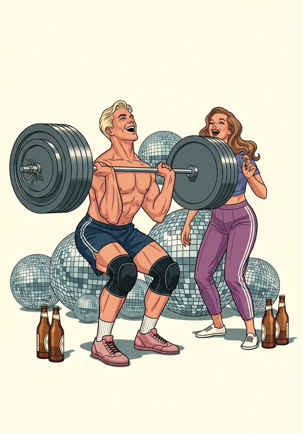 ein Mann und eine Frau beim Gewichtheben, beide haben eine vollbeladene Langhantelstange. Beide lachen und haben Spass
Der Mann hat blonde Haare und hat pinkige Gewichtheber Schuhe und schwarze Knieschoner.
Die Frau hat hellbraune lange haare, trägt violette Sporthosen 
Daneben stehen mehrere Bierflaschen
Im Hintergrund sind viele Diskokugeln