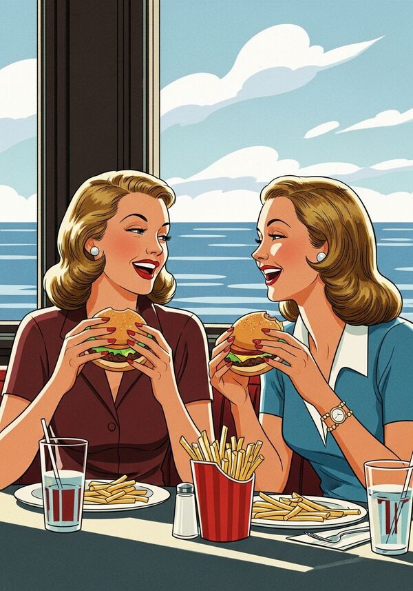 Zwei blonde Frauen mit halblangen Haaren sitzen in einem Restaurant mit Burger und Pommes. Lachen und quatschen miteinander.