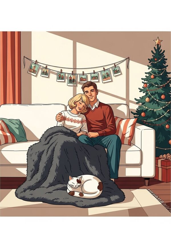 Die Situation ist ein Wohnzimmer mit einem grossen weissen Sofa, alles ist weihnachtlich geschmückt. Ein junges Paar sitzt verliebt auf dem Sofa, sie hat schulterlange blonde Haare, er kurze braune Haare. Die Frau ist an die Schulter des Mannes geschmiegt. Über ihren Beinen ist eine dunkelgraue Felldecke gelegt. Auf dieser Decke liegt zusammengekugelt ein weisser Kater, mit einem hauptsächlich weissen Schwanz mit jedoch braunen und schwarzen Farbklecksen. Neben dem Sofa steht ein kleiner Weihnachtsbaum. An der Wand hinter dem Sofa hängt eine Schnur quer gespannt mit kleinen Mini-Fotos (von Ferien, Ausflügen, Familie, usw.)

Der Hauptfokus liegt jedoch auf dem Sofa, dem Paar und der Katze.

Die Szene wirkt warm, modern, lebendig, jedoch nur leicht realistisch. 