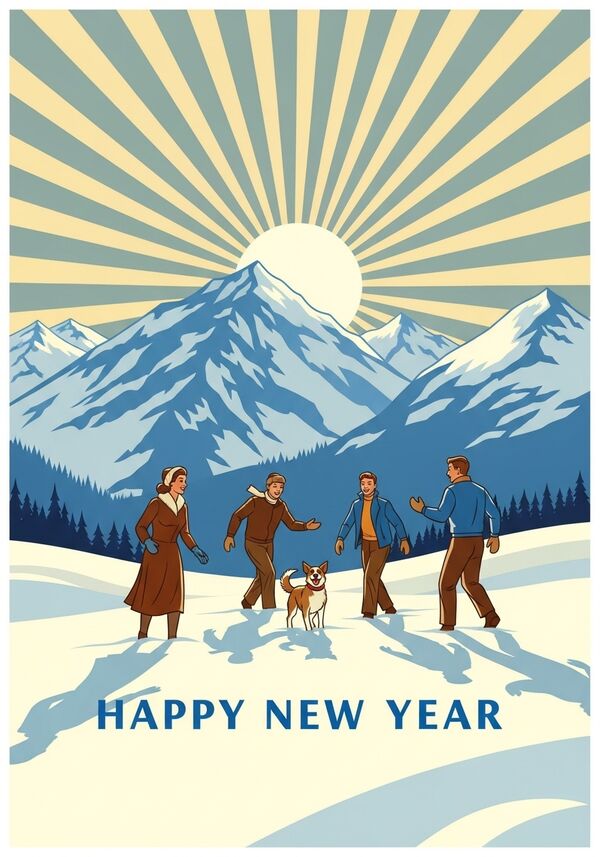 Happy New Year blaue Schrift. Im Hintergrund Berge im Winter, eine Familie (Mutter, Vater mit zwei männlichen Jugendlichen) und einen Hund die fröhlich spielen. Die Sonne scheint