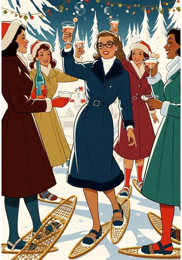 mit Gin und Wein und Weihnachten. Eine Frau mit dunkelblonden haaren und brille 
die mit Schneeschuhen und ihren Freundinnen Party macht.