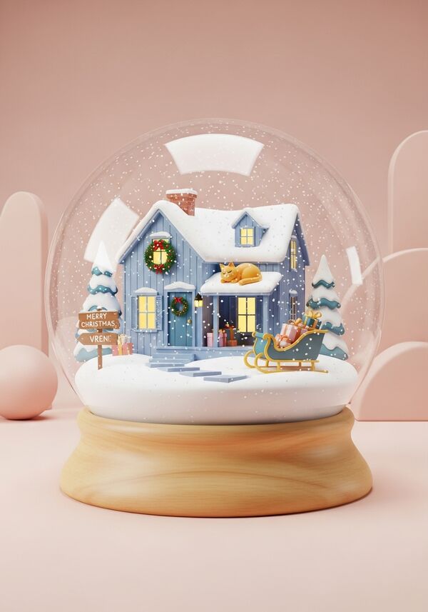 Altes Bauernhaus im Schnee, Katze, Schlitten, Geschenke und ein Schild Frohe Weihnachten, Vreni 