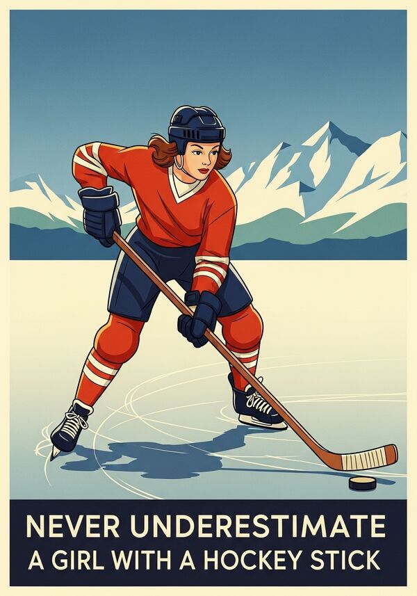 ein Mädchen das Eishockey spielt. Daneben der Spruch ''Never Understimate a girl with a hockey stick''