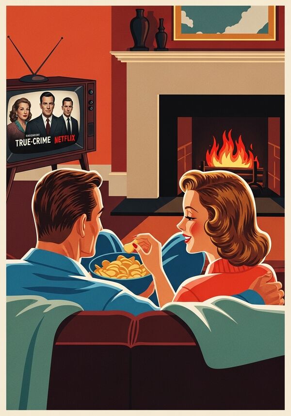 Ein verliebtes Paar (Mann & Frau) sitzen gemütlich auf dem Sofa und essen Chips. Im Hintergrund ist ein Fernseher zu sehen und darauf schauen sie eine Netflix-True-Crime-Serie. Neben dem Sofa ist ein Kamin und man sieht das Feuer.