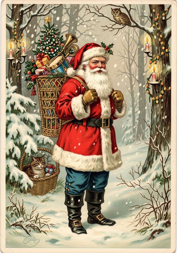 Im tiefsten Winterwald mit Kerzen und Lichtern. eine Katze schaut aus dem Korb heraus, eine Eule im Himmel