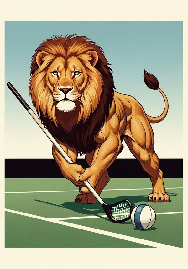 ein muskulöser Löwe auf einem unihockeyfeld