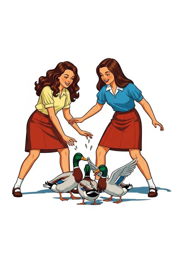 Zwei mädchen 14 jahre eine mit langen braunen voluminösen locken und eine mit langen braunen geraden haaren die blödsinn machen mit zwei enten