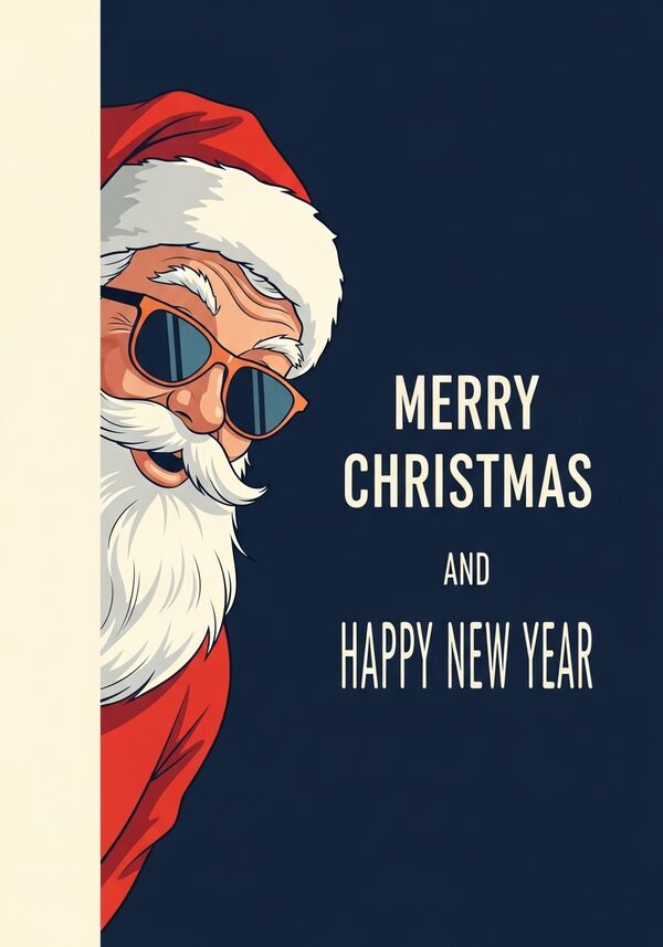 lustiger weihnachtsmann mit sonnenbrille schaut von der Seite her ins Bild herein. Dazu steht "Merry Christmas and happy New Year"