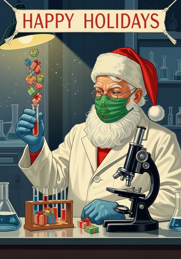 
Der Weihnachtsmann arbeitet in einem biomedizinischen Labor. Er trägt einen weißen Laborkittel, einm grünen Mundschutz mit einem Weihnachtsbaum darauf und hält ein Reagenzglas in der Hand. Im Reagenzglas befinden sich viele kleine Geschenke. Daneben steht ein Mikroskop auf dem Tisch. Über ihm schwebt ein Banner mit der Aufschrift 'HAPPY HOLIDAYS'. Die Szene ist detailreich, freundlich und festlich, mit realistischer Laborumgebung, guter Beleuchtung und winterlicher Stimmung