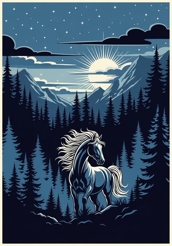 Bild mit einem glänzenden Pferd und flatternder Mähne, im dunklen Wald, mit Mond und Sternenschein