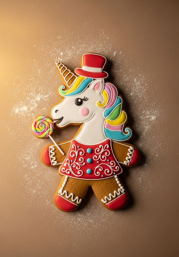 Ein farbiges Einhorn mit einem Lollipop im Mund und rotem Zylinder auf dem Kopf. realistisch