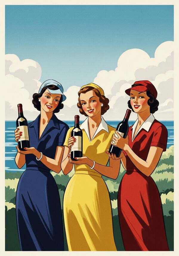 drei Frauen am reisen und je eine Flasche Wein in den Händen
