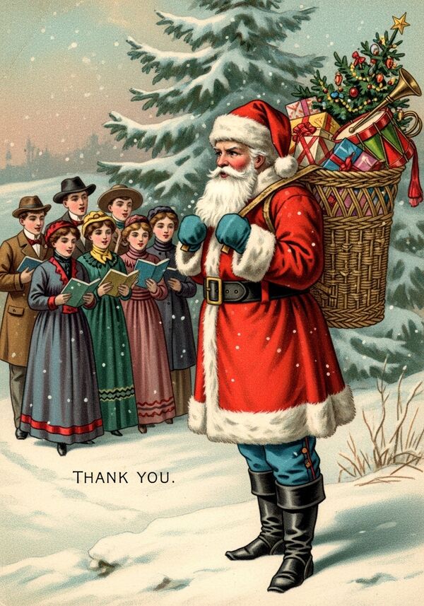 8 Personen. 3 Männer, 5 Frauen mit Büchern und Heften stehen um einen Tannenbaum und singen. DANKE steht auf der Karte. 