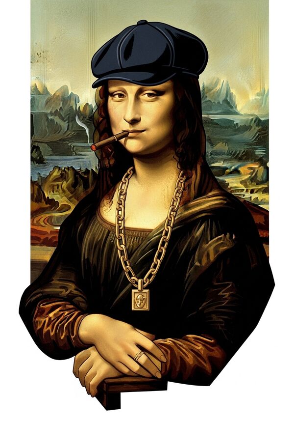 mona lisa im ganster kleidung mit cap kette und stumpen im mund
