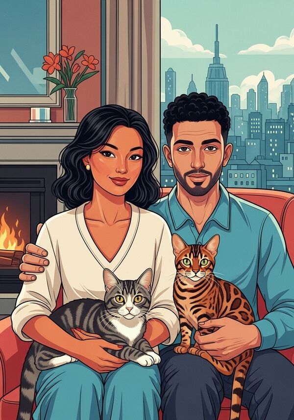 Eine 22 Jährige Thai und ein 22 Jähriger Marrokaner zu Hause vor dem Kamin gemütlich in einer Skyline Wohnung mit schöner Aussicht. Die 22 Jährige hat mittellange wellige schwarze haare dunkle Augen und ein tan und der 22 Jähriger hat kurze schwarze Locken, helle Haut, dunkle Augen und einen Bart. Auf dem Schoss der 22 Jährige ist eine American Wirehair mix mit Shorthair, die weisse Pfoten und weisses Fell auf der Brust hat. Die Katze hat Schwarzes Fell gemischt mit Braun. Auf dem Schoss der 22 Jähriger ist ein Bengal Katze gemischt mit Egyptian Mau. Der Kater hat braunes und schwarzes Fell. Beide Katzen haben grosse Augen.