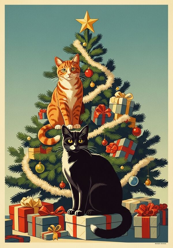 Zwei Katzen orange und schwarz auf einem geschmückten Tannenbaum und geschenken und geschmückter hintergrund