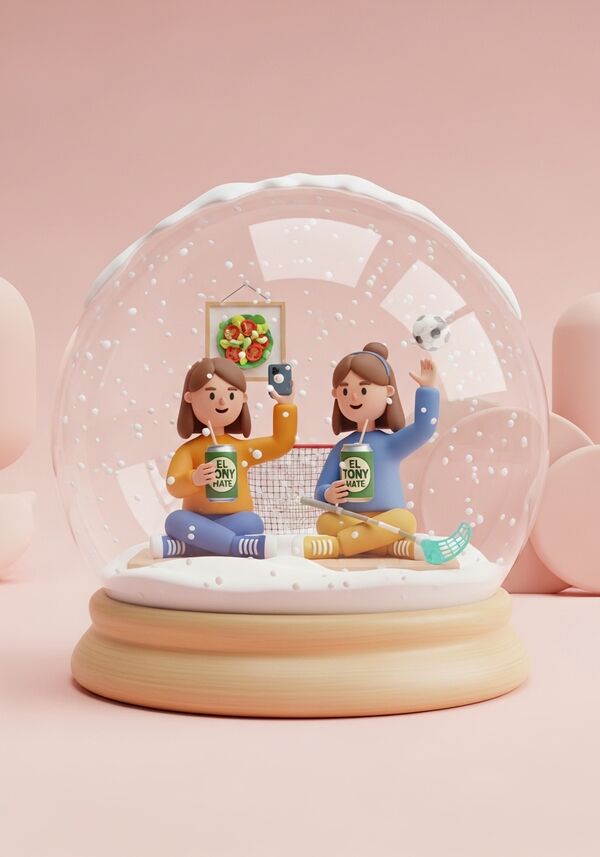 zwei freundinnen sitzen an einem coolen ort, in der Hand haben sie ein El Tony Mate getränk in einer Alu Dose. Auf dem Handy schauen sie ein wichtigen Unihockey   vMatch. Sie amüsieren sich sehr!!! beide haben mittellange braune haare, beide tragen keine Brillen und auch keine Kopfhörer! an der Wand hängt ein Bild von einem Salat, niemand hat einen Bart!!!!
