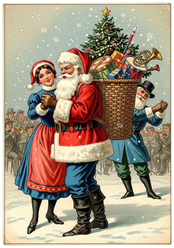 Samichlaus und Frau tanzen West Coast Swing, Seitenansicht, Band im Hintergrund