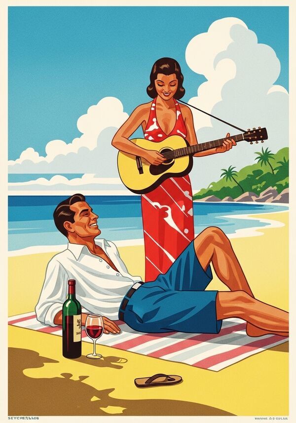 ein mann liegt am strand auf den seychellen. daneben eine flasche rotwein. eine frau singt mit gitarre