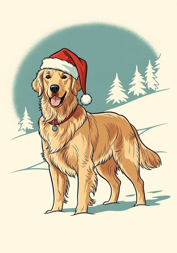 Ein Goldenretriver mit einer Wheinachtsmann mütze im Schnee
