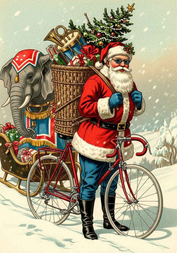 Erstelle eine witzige Weihnachtskarte mit nur einem Santa Claus auf einem Rennvelo. Der Stil soll modern und dynamisch wirken, mit winterlicher Landschaft im Hintergrund, aber ohne klassischen Schlitten. Santa trägt ein cooles Sport-Outfit in Rot-Weiss, dazu Sonnenbrille und Weihnachtsmütze. Das Rennvelo ist auffällig und detailreich, vielleicht mit ein paar Geschenken im Gepäck. Farben: kräftig, fröhlich, winterlich (Rot, Weiss, Blau). Stimmung: sportlich, humorvoll, energiegeladen