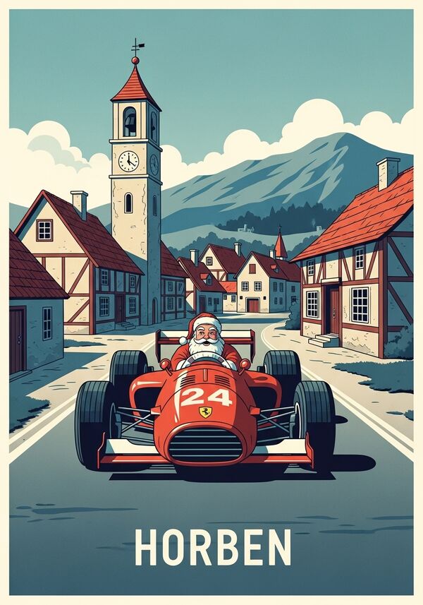 Santa fährt mit seinem  formel 1 ferrari durch ein kleines häsliches dörfchen namens Horben


