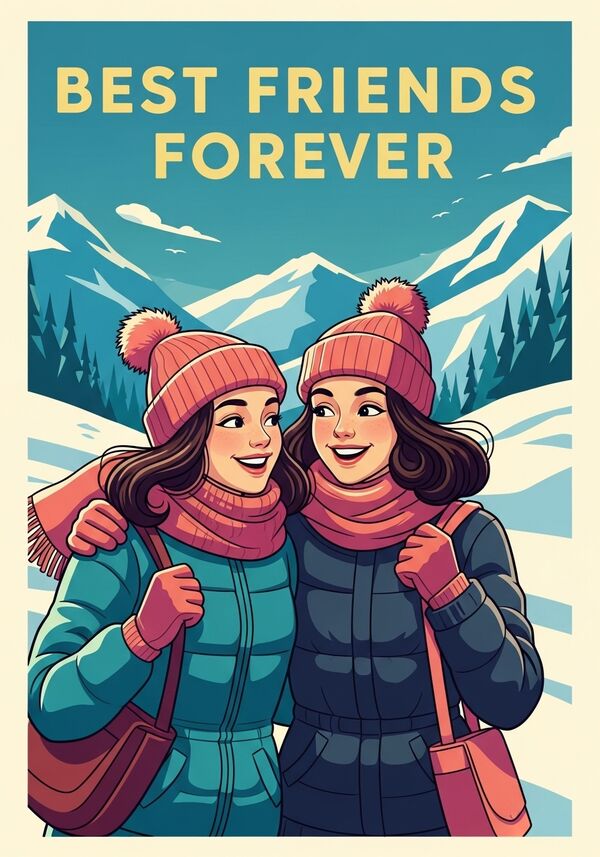 zwei 14 jährige Freundinnen(Sofie Romina) glücklich in einer Winterlandschaft mit dem spruch ''Best Friends Forever''