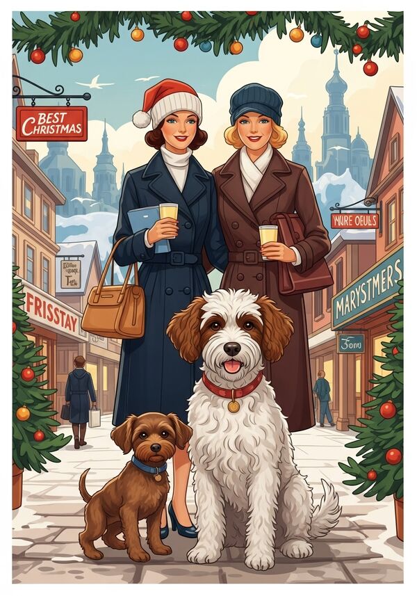 ein kleinen braunen hund und ein mittelgrossen Weissbraunen hund mit lockigemfell und zwei weibliche beste freundinen mit weihnachtlichen hintergrund