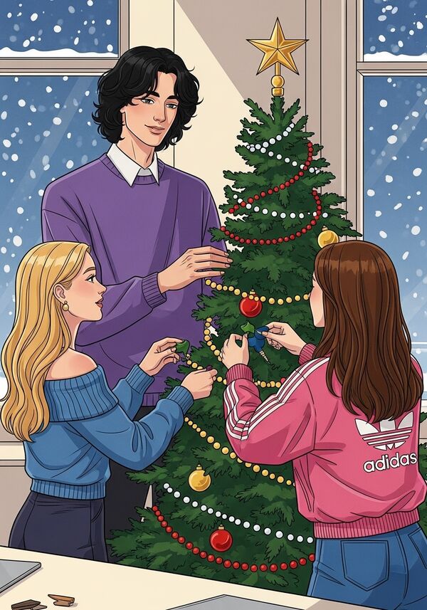 2 lernende und 1 lernender sind zusammen einen weihnachtsbaum im schönen büroempfang am schmücken der lernende ist gross hat einen violetten pulli er hat schulterlange schwarze locken und ist hellhäutig die eine lernende hat blode lange haare mit einem blauen schluterfreien pulli und die andere braune lange haare mit einer pinken adidas jacke das bitte in dem gewünschten Retro look. sie sind ca 19 jahre alt mehr retro stil bitte
und etwas weihnachtlichere stimmung irgendwie das es im fenster drausen schneeit und diesen mary popins look aufnehmen