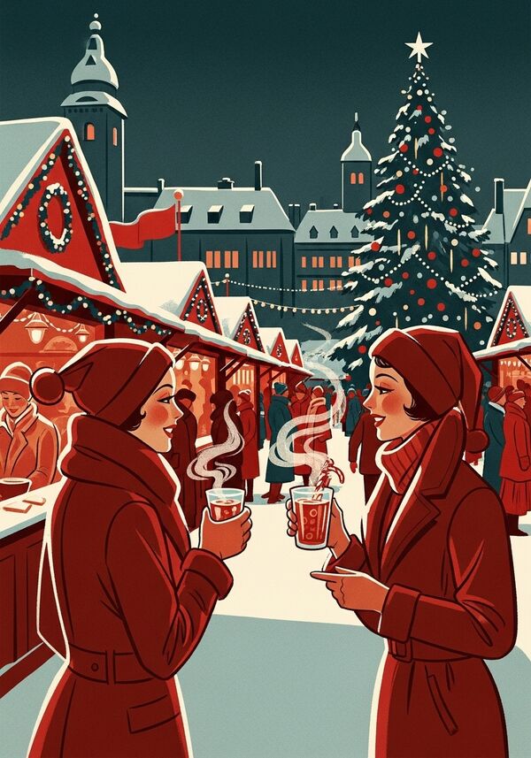 zwei frauen am punsch trinken am weihnachtsmarkt
