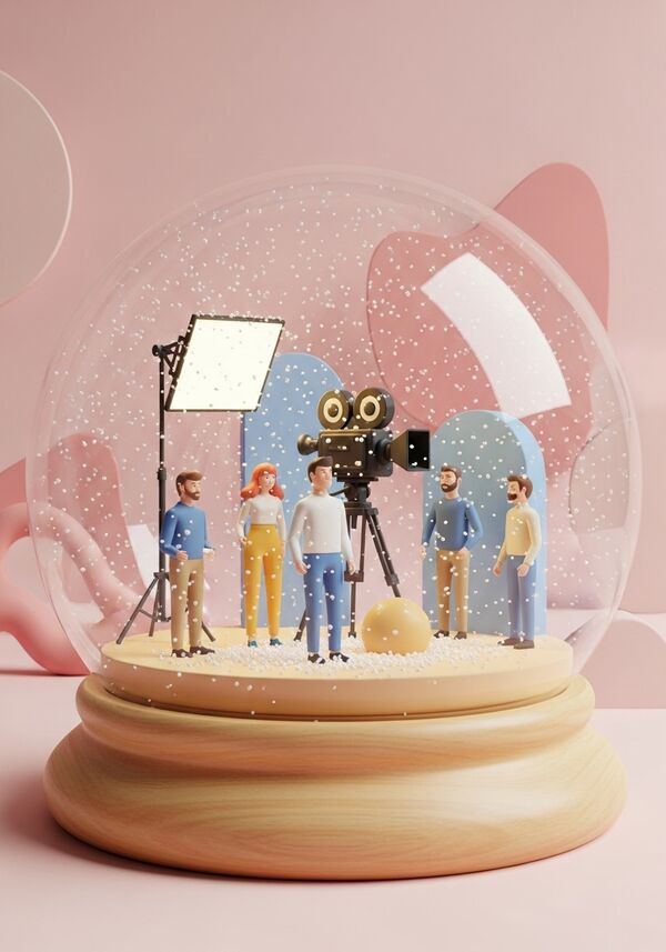 4 Männer und 1 Frau stehen an einem Filmset. Die Frau hat rote Haare und trägt Hosen. In der Mitte eine übergrosse Filmkamera
