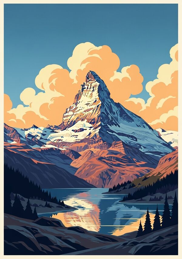 das matterhorn mit sonnenaufgang und see 

