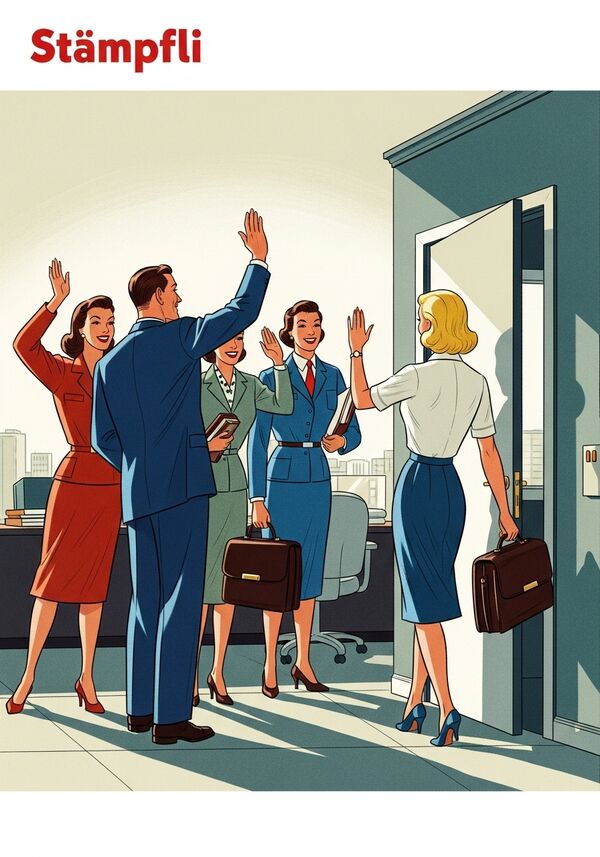 Arbeitskollegen bei Stämpfli winken einer blonden Dame die das Büro verlässt