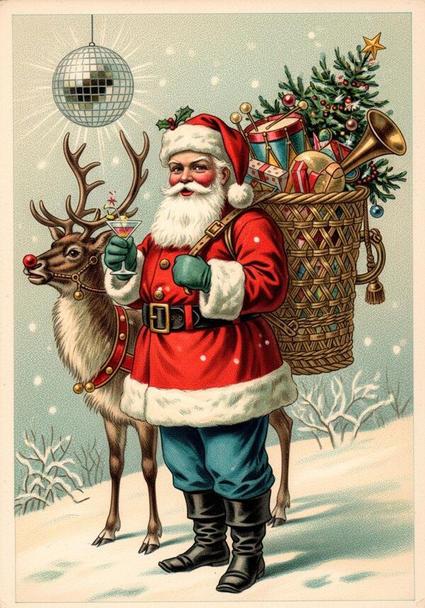  rentier mit roter nase, martiniglas in der hand, discokugel an der decke