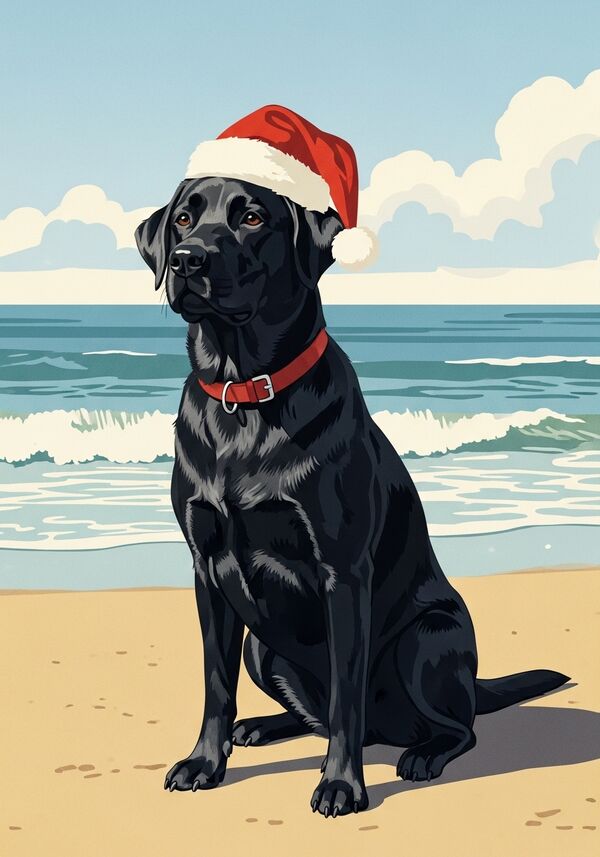 Schwarze Labrador Dame am Strand mit Weihnachtsmütze