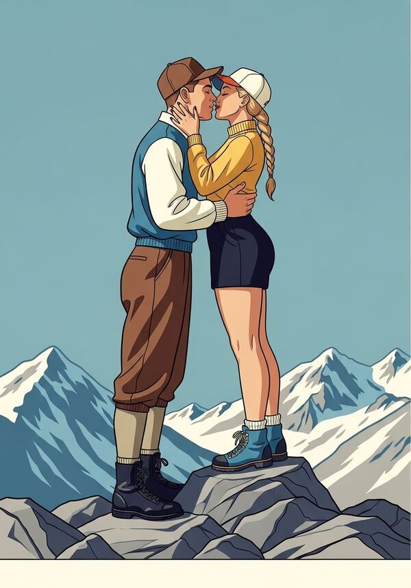 Ein verliebtes Paar das sich auf dem Gipfel von einem Berg küsst, der Mann steht links und ist von der Seite zu sehen trägt eine braunes Basecap einen blauen Pullover mit weissen Ärmel einer Braunen Hose die Knie lang ist und schwarzen Wanderschuhen, Die Frau hat etwas Rundungen steht auf einem Stein trägt ein weisses Basecap, einen gelben Pullover und eine schwarze kurze Hose, Blau schwarze Wanderschuhe. Sie hat ausserdem einen Blonden langen Zopf. im Hintergrund sieht man schneebedeckte Berge und Sie stehen auf Grauem Gestein. 
