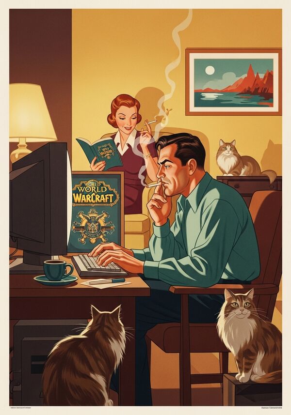 Ein mann spielt rauchend am PC World of Warcraft, während seine Frau im Wohnzimmer mit einer Zigarette im Mund ein Buch liest. Zwei Langhaarkatzen sind auch dabei