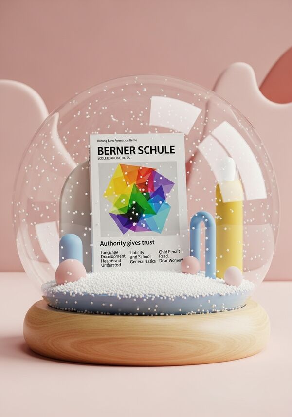 eine Fachzeitschrift oben links steht ganz klein Bildung Bern Formation Berne dann im oberen 1/3 steht gross fett schwarz BERNER SCHULEganz kleingeschrieben direkt untendrann steht ECOLE BERNOISE 01/25
DAnn ganz gross so eine 1/2quer mitt eher unten so ein bild mit farbigen dreicken di sich überschneiden gelbe grüne blaue violet alee durcheinender in der mitte steht Autorität macht vertrauen  verschieden unten dran steh so alles auf einer lienei in 3 blöcken 1 block Sprachentwicklung Gehört und verstanden in der mitte Haftung und schule Allgemeine Grundlegan und rechts steht Child Penalty Lesen, liebe Frauen! 





