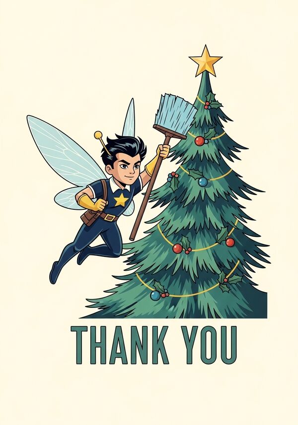 Männliche Putzfee mit superpower. weihnächtlich mit Tannenbaum. Klein aber oho. dunkle Haare. Text: DANKE