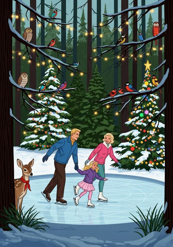 Mitten im Wald ist ein kleines rundes Eisfeld. Eine Mann mitte 40ig mit blonden Haaren aber ohne Bart oder Schnauz und einer blauen Jacke, seine Frau mitte 30ig mit hellblonden Haaren und rosa Jacke sowie ein 3-jähriges Mädchen mit langen blonden Haaren mit Lila Jacke und einem Rosa Tutu-Röckchen sind am Eiskunstlaufen zusammen. Die Tannenbäume rundherum sind mit Lichterketten verziert, eine davon ist als Tannenbaum bunt geschmückt. In den Bäumen sitzen verschiedene Tiere: Eulen, bunte Vögel. Ein junger Hirsch mit einem roten Halstuch schaut hinter einer Tanne hervor. Es herrscht Weihnachtsstimmung.