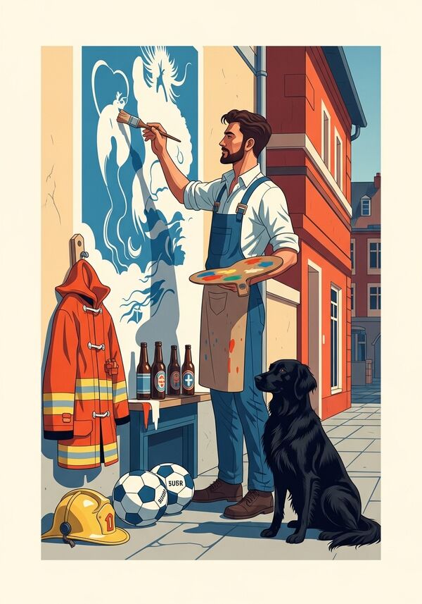 Ein junger schlanker Mann mit dunkelbraunen Haaren und einem Bart.
Er ist Maler und hält einen Pinsel in der Hand und mal ein schönes Wandgemälde an eine Häuserwand 
Daneben stehen Bierflaschen und Europäische Fussbälle. Auch ist seine Feuerwehrmontur bereit für den Einsatz
Daneben sitzt ein schwarzer langhaar labrador artig