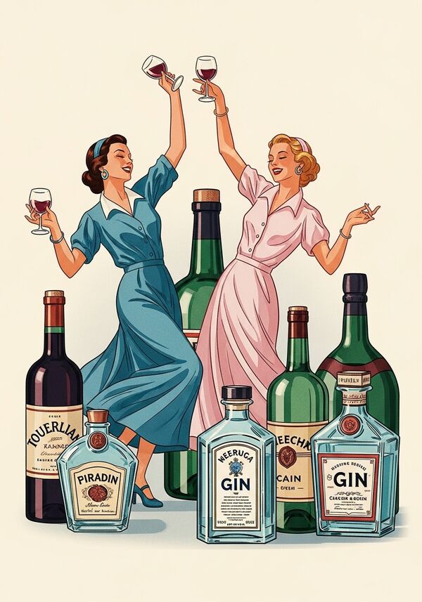 viele Wein und Ginflaschen zwei Frauen am Tanzen und feiern
