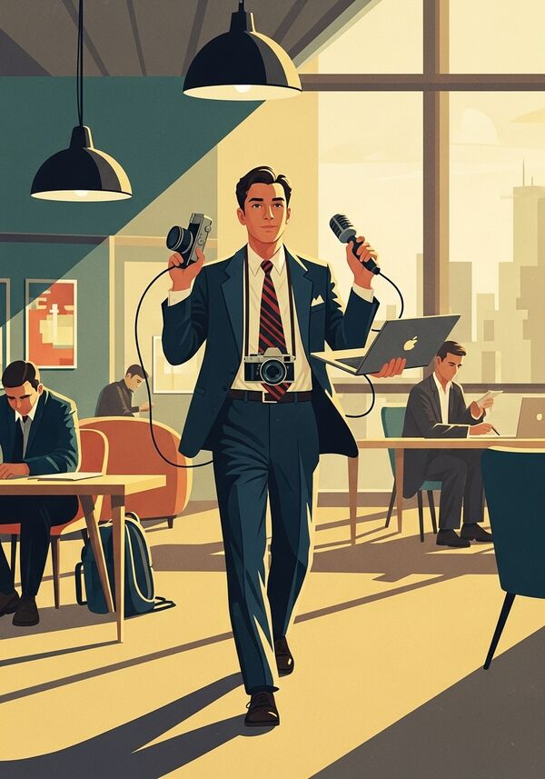 Ein junger Mann jongliert mit Kamera, Mikrofon und Macbook in einem Grossraumbüro. 