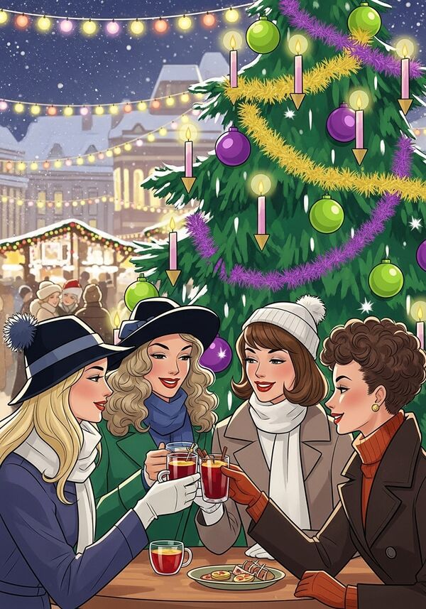 eine frauengruppe, bestehend aus vier, hellhäutige personen ist am weihnachtsmarkt. die erste frau hat blonde lange haare, die zweite frau hat dunkelblonde, gelockte, lange haare , die dritte frau hat schulterlange braune haare und die vierte frau hat ganz kurze, lockige, braune haare. sie sind modern gekleidet und tragen mütze und schal. die umgebung ist verschneit, es hat viele lichter und einen grossen weihnachtsbaum. der weihnachtsbaum ist grün, ist mit kerzen, vielen lila und limegrünen kugeln sowie lametta geschmückt. die frauen trinken glühwein und stossen auf ein erfolgreiches jahr an. 