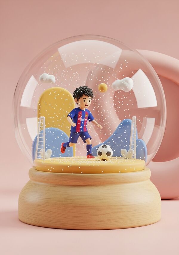 8 jähriger asiatisch aussehender junge beim Fussballspielen mit viel Freude. er hat das Trikot an vom FC Barcelona, er rennt mit dem Ball am Fuss zum Tor