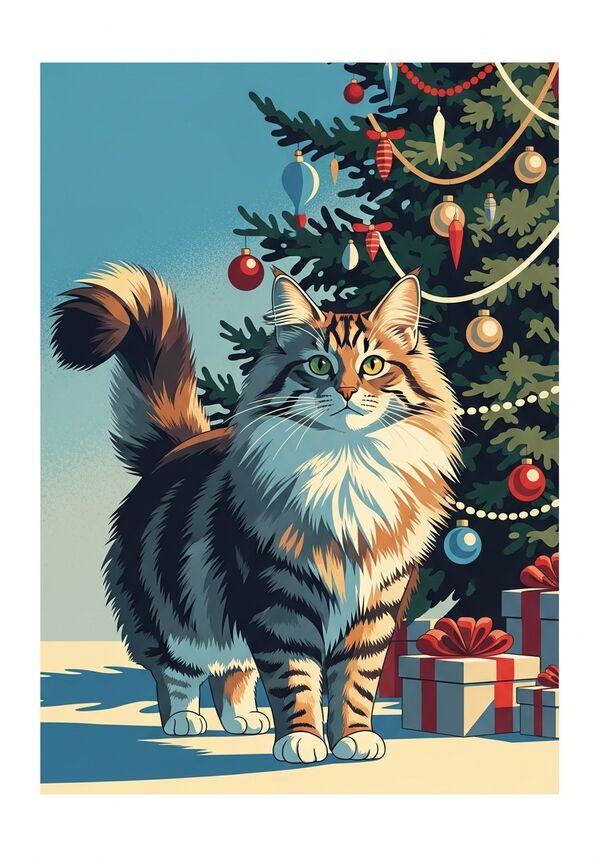 eine norwegischewaldkatze die vor einem weihnachtsbaum steht