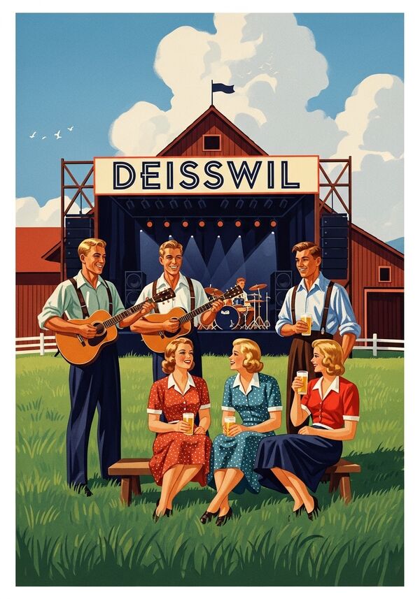 3 Männer und 3 Frauen (junge Menschen) sind auf einem Bauernhof an einen Musikkonzert. Alle halten ein Getränk in der Hand. Bei der Konzertbühne ist der Schriftzug Deisswil angebracht.