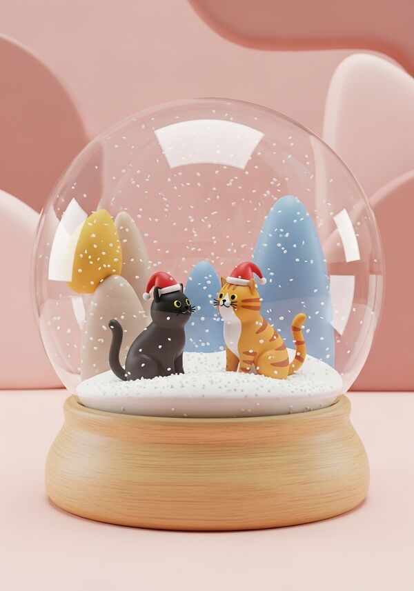 Zwei Katzen mit  Weihnachtsmützen eine ist schwarz die andere ist rot getiegert im Schnee
