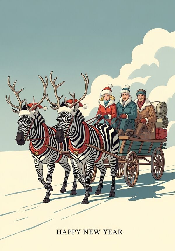 Weihnachtskarte mit Zebras statt Renntieren. Im Wagen sitzt eine blonde Frau und zwei Männer (blond und braune Haare) mit alternativer gemütlicher Kleidung. Schrill und fröhlich. Schrift: Happy New Year